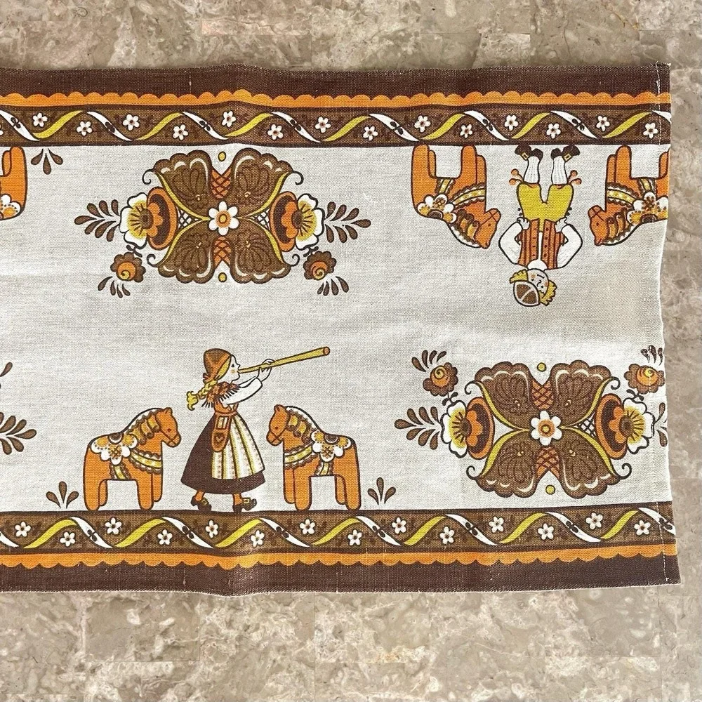 Vintage Scandinavian Folk Art Table Runner Dala Horse Rosemaling‎ Swedish Linen